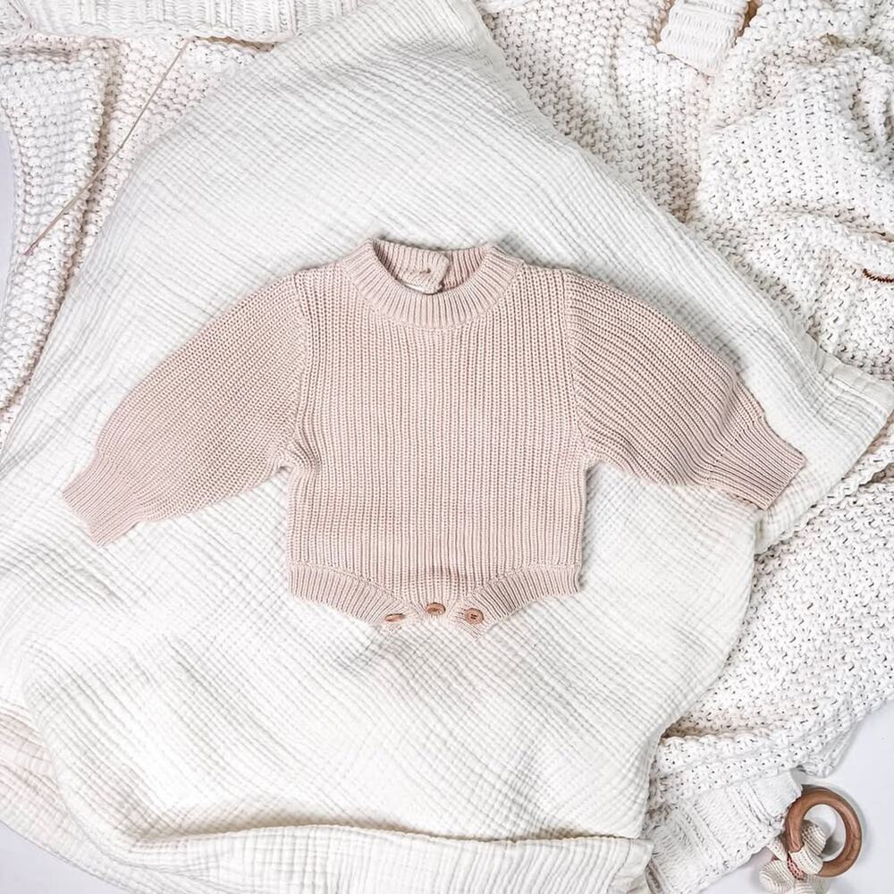 Beige Long Sleeve Knit Baby Romper
